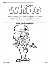 Free St. Patrick's Day leprechaun color white coloring page and color worksheet, white worksheet for preschoolers to learn colors, printable PDF