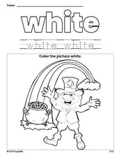 Free St. Patrick's Day leprechaun color white coloring page and color worksheet, white worksheet for preschoolers to learn colors, printable PDF