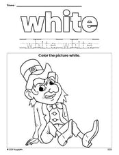 Free St. Patrick's Day leprechaun color white coloring page and color worksheet, white worksheet for preschoolers to learn colors, printable PDF