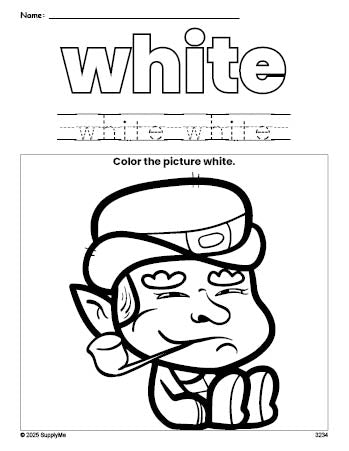 Free St. Patrick's Day leprechaun color white coloring page and color worksheet, white worksheet for preschoolers to learn colors, printable PDF