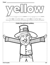 Free St. Patrick's Day leprechaun color yellow coloring page and color worksheet, yellow worksheet for preschoolers to learn colors, printable PDF