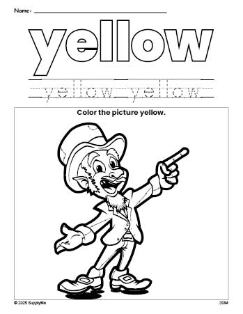 Free St. Patrick's Day leprechaun color yellow coloring page and color worksheet, yellow worksheet for preschoolers to learn colors, printable PDF