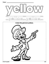 Free St. Patrick's Day leprechaun color yellow coloring page and color worksheet, yellow worksheet for preschoolers to learn colors, printable PDF