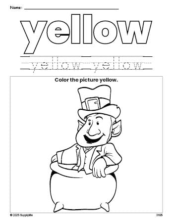 Free St. Patrick's Day leprechaun color yellow coloring page and color worksheet, yellow worksheet for preschoolers to learn colors, printable PDF