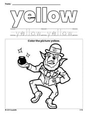 Free St. Patrick's Day leprechaun color yellow coloring page and color worksheet, yellow worksheet for preschoolers to learn colors, printable PDF