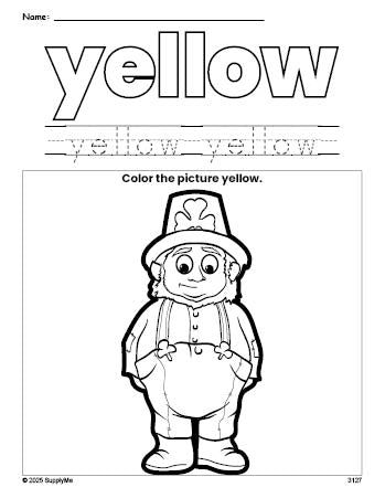 Free St. Patrick's Day leprechaun color yellow coloring page and color worksheet, yellow worksheet for preschoolers to learn colors, printable PDF