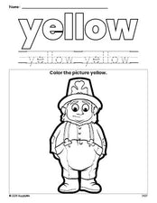 Free St. Patrick's Day leprechaun color yellow coloring page and color worksheet, yellow worksheet for preschoolers to learn colors, printable PDF