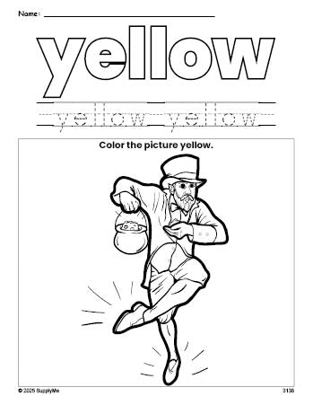 Free St. Patrick's Day leprechaun color yellow coloring page and color worksheet, yellow worksheet for preschoolers to learn colors, printable PDF