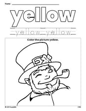 Free St. Patrick's Day leprechaun color yellow coloring page and color worksheet, yellow worksheet for preschoolers to learn colors, printable PDF