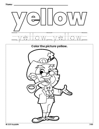 Free St. Patrick's Day leprechaun color yellow coloring page and color worksheet, yellow worksheet for preschoolers to learn colors, printable PDF