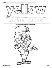 Free St. Patrick's Day leprechaun color yellow coloring page and color worksheet, yellow worksheet for preschoolers to learn colors, printable PDF