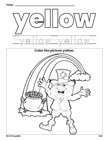 Free St. Patrick's Day leprechaun color yellow coloring page and color worksheet, yellow worksheet for preschoolers to learn colors, printable PDF