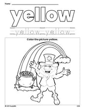 Free St. Patrick's Day leprechaun color yellow coloring page and color worksheet, yellow worksheet for preschoolers to learn colors, printable PDF