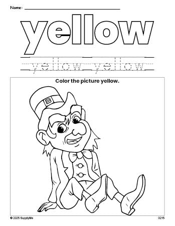 Free St. Patrick's Day leprechaun color yellow coloring page and color worksheet, yellow worksheet for preschoolers to learn colors, printable PDF