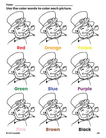 Free St. Patrick's Day leprechaun coloring page and color worksheet for preschoolers to learn colors, printable PDF