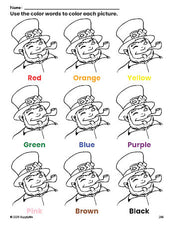 Free St. Patrick's Day leprechaun coloring page and color worksheet for preschoolers to learn colors, printable PDF