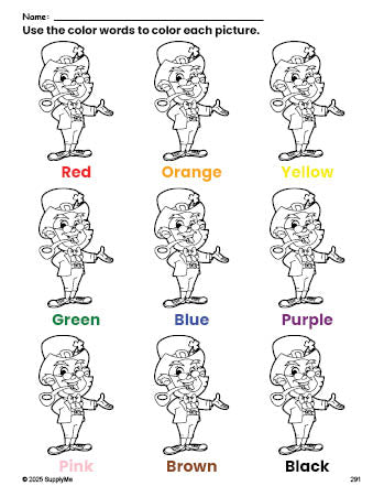 Free St. Patrick's Day leprechaun coloring page and color worksheet for preschoolers to learn colors, printable PDF