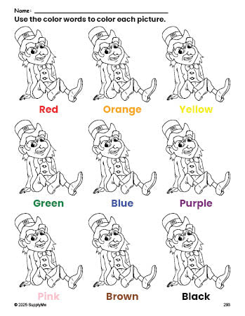 Free St. Patrick's Day leprechaun coloring page and color worksheet for preschoolers to learn colors, printable PDF