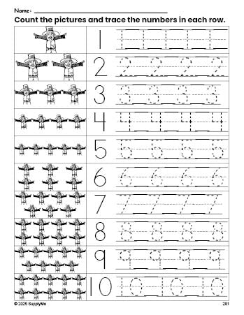 Free printable St. Patrick's Day leprechaun counting worksheet for preschool and pre-k with number tracing practice 1-10, PDF