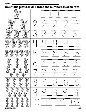 Free printable St. Patrick's Day leprechaun counting worksheet for preschool and pre-k with number tracing practice 1-10, PDF