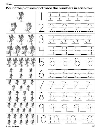 Free printable St. Patrick's Day leprechaun counting worksheet for preschool and pre-k with number tracing practice 1-10, PDF