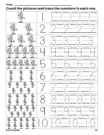 Free printable St. Patrick's Day leprechaun counting worksheet for preschool and pre-k with number tracing practice 1-10, PDF