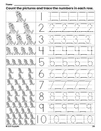 Free printable St. Patrick's Day leprechaun counting worksheet for preschool and pre-k with number tracing practice 1-10, PDF