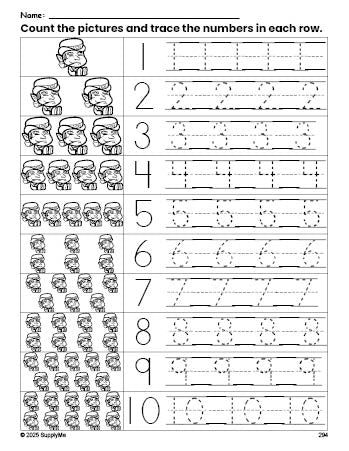 Free printable St. Patrick's Day leprechaun counting worksheet for preschool and pre-k with number tracing practice 1-10, PDF