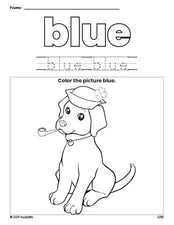 Free St. Patrick's Day puppy color blue coloring page and color worksheet, blue worksheet for preschoolers to learn colors, printable PDF