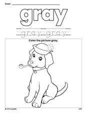 Free St. Patrick's Day puppy color gray coloring page and color worksheet, gray worksheet for preschoolers to learn colors, printable PDF