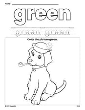 Free St. Patrick's Day puppy color green coloring page and color worksheet, green worksheet for preschoolers to learn colors, printable PDF