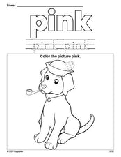 Free St. Patrick's Day puppy color pink coloring page and color worksheet, pink worksheet for preschoolers to learn colors, printable PDF