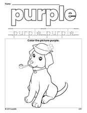 Free St. Patrick's Day puppy color purple coloring page and color worksheet, purple worksheet for preschoolers to learn colors, printable PDF