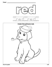 Free St. Patrick's Day puppy color red coloring page and color worksheet, red worksheet for preschoolers to learn colors, printable PDF