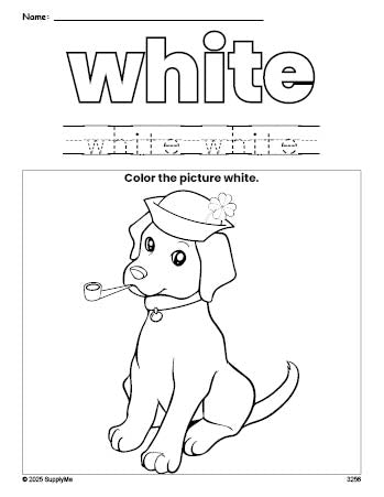 Free St. Patrick's Day puppy color white coloring page and color worksheet, white worksheet for preschoolers to learn colors, printable PDF