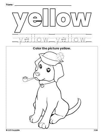 Free St. Patrick's Day puppy color yellow coloring page and color worksheet, yellow worksheet for preschoolers to learn colors, printable PDF