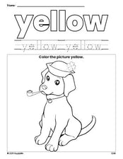 Free St. Patrick's Day puppy color yellow coloring page and color worksheet, yellow worksheet for preschoolers to learn colors, printable PDF