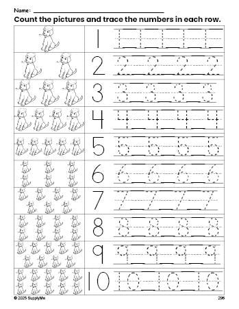 Free printable St. Patrick's Day puppy counting worksheet for preschool and pre-k with number tracing practice 1-10, PDF