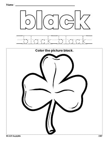 Free St. Patrick's Day shamrock color black coloring page and color worksheet, black worksheet for preschoolers to learn colors, printable PDF