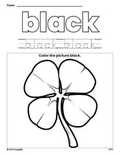 Free St. Patrick's Day shamrock color black coloring page and color worksheet, black worksheet for preschoolers to learn colors, printable PDF