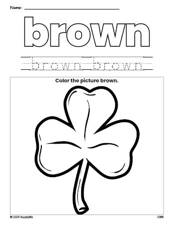 Free St. Patrick's Day shamrock color brown coloring page and color worksheet, brown worksheet for preschoolers to learn colors, printable PDF