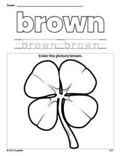 Free St. Patrick's Day shamrock color brown coloring page and color worksheet, brown worksheet for preschoolers to learn colors, printable PDF