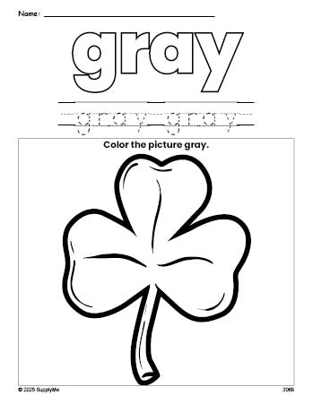 Free St. Patrick's Day shamrock color gray coloring page and color worksheet, gray worksheet for preschoolers to learn colors, printable PDF