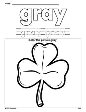 Free St. Patrick's Day shamrock color gray coloring page and color worksheet, gray worksheet for preschoolers to learn colors, printable PDF