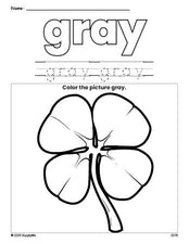 Free St. Patrick's Day shamrock color gray coloring page and color worksheet, gray worksheet for preschoolers to learn colors, printable PDF