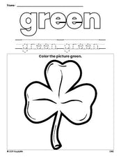 Free St. Patrick's Day shamrock color green coloring page and color worksheet, green worksheet for preschoolers to learn colors, printable PDF