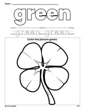 Free St. Patrick's Day shamrock color green coloring page and color worksheet, green worksheet for preschoolers to learn colors, printable PDF