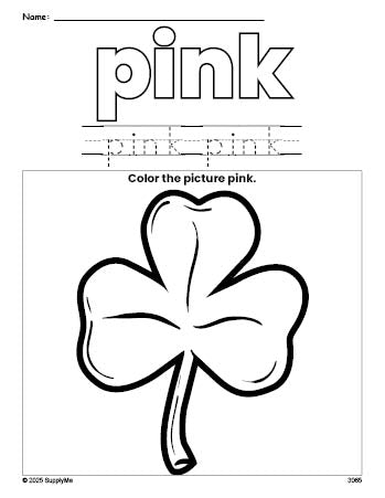 Free St. Patrick's Day shamrock color pink coloring page and color worksheet, pink worksheet for preschoolers to learn colors, printable PDF