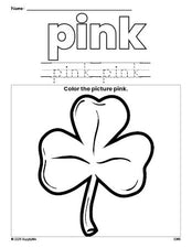 Free St. Patrick's Day shamrock color pink coloring page and color worksheet, pink worksheet for preschoolers to learn colors, printable PDF