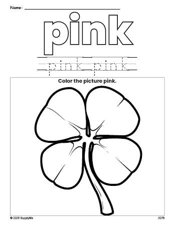 Free St. Patrick's Day shamrock color pink coloring page and color worksheet, pink worksheet for preschoolers to learn colors, printable PDF